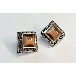 Vintage Square Clip-On Earrings With Brown Gemstone & Intricate Metal Design